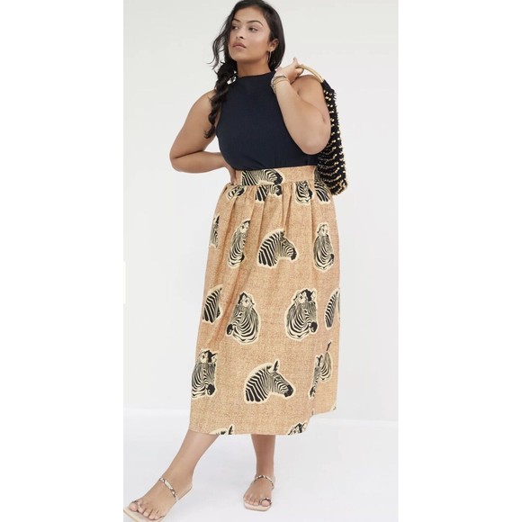 Anthropologie Sika X Women A Line Midi Zebra Orange Skirt with Pockets Sz 12 New